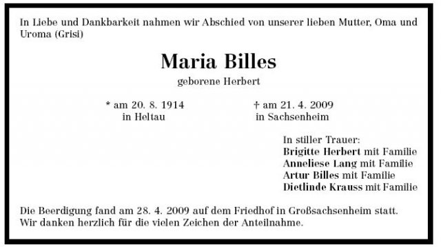 Herbert Maria 1914-2009Todesanzeige